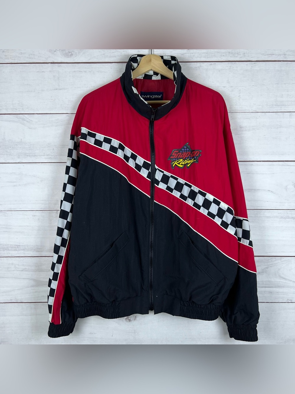 Vintage Snap-On Racing Checkered Windbreaker Jacket Size Large Mens Swingster L